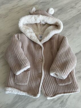 Baby Gap Sherpa-Lined Bear Ear Knit Sweater Jacket - 6-12M